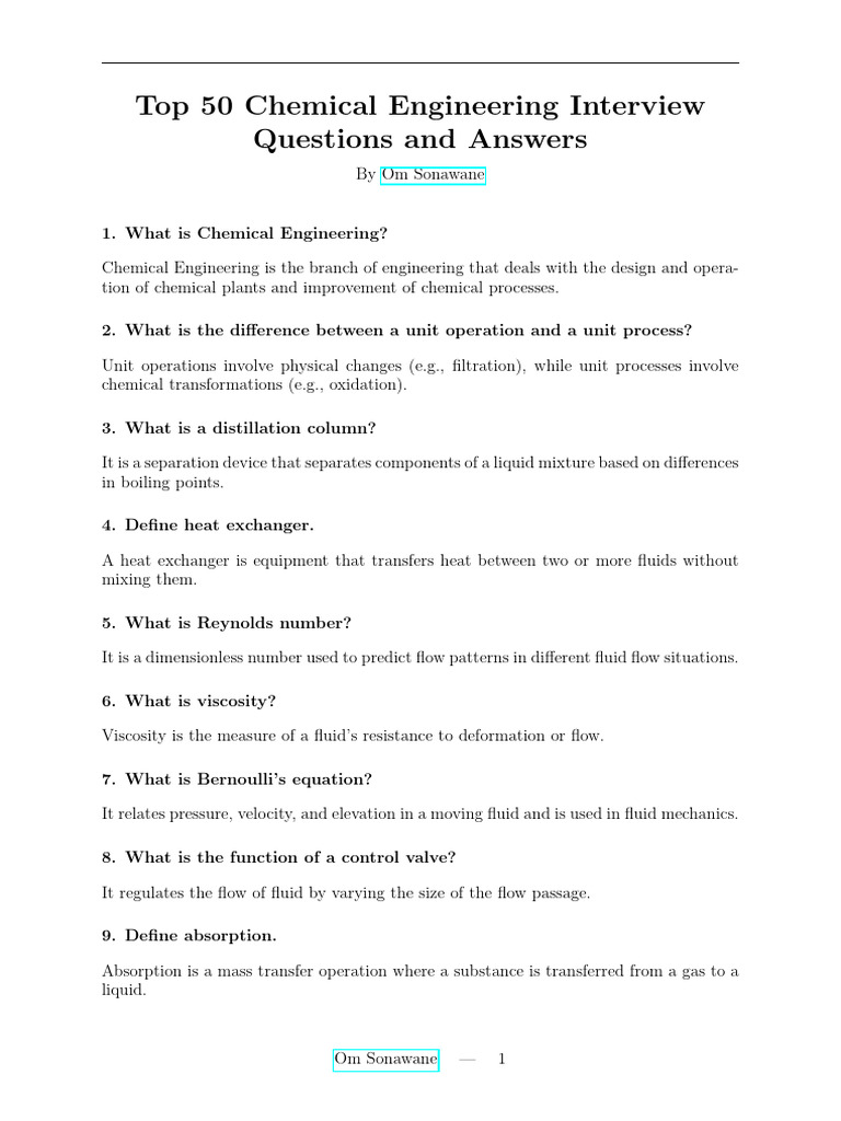 Top 50 Chemical Engineering Interview Q&A | PDF | Liquids | Fluid Dynamics