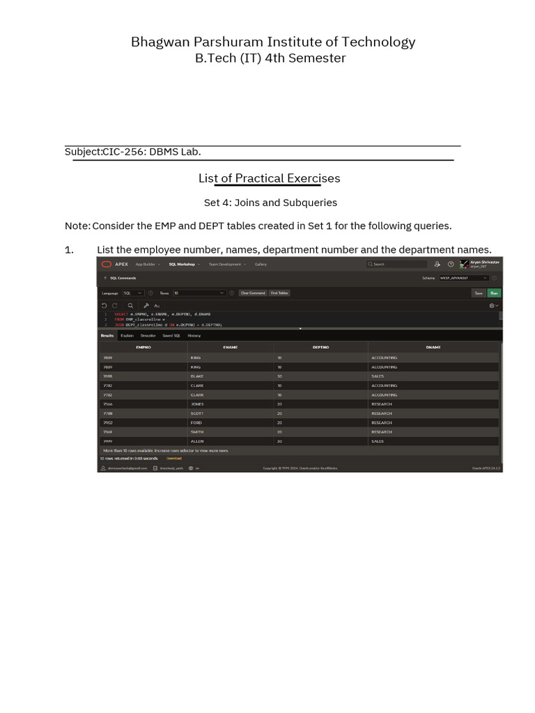 DBMS Lab Queries for B.Tech IT Students | PDF