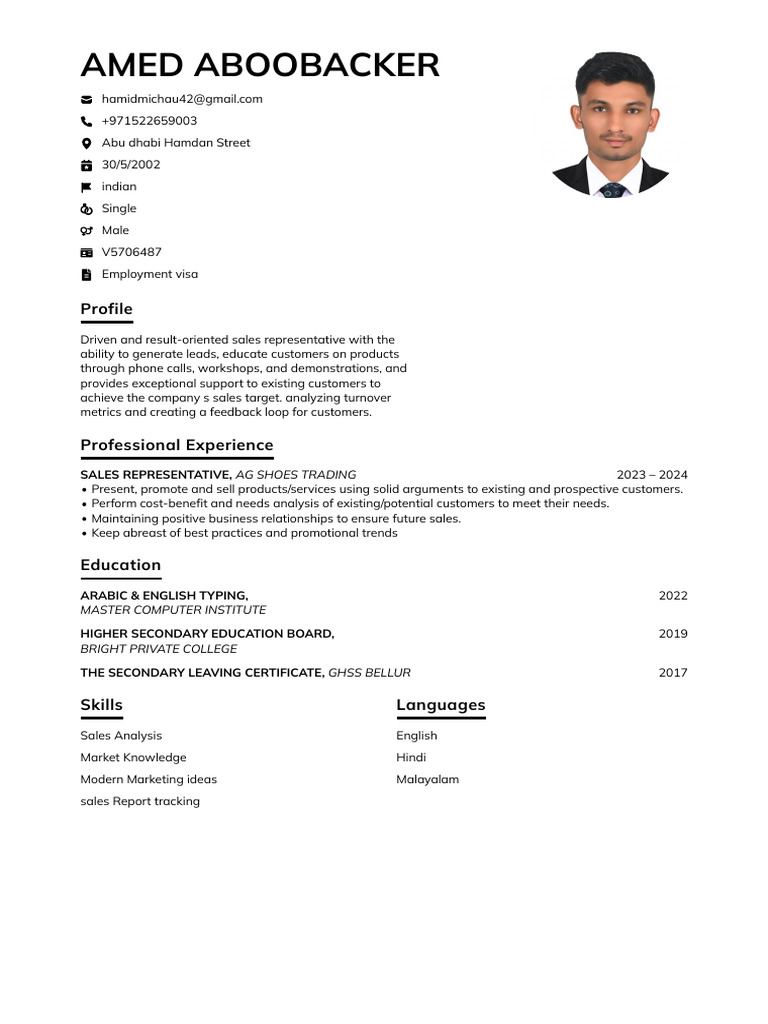 Sales Representative Profile: AMED ABOOBACKER | PDF