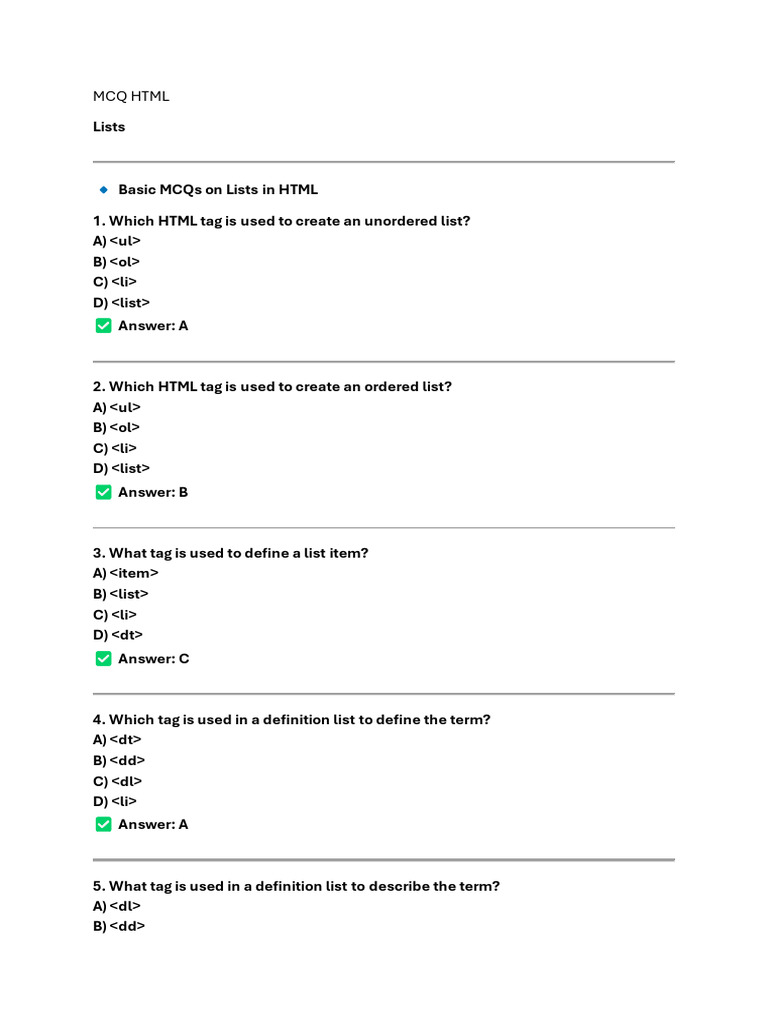 HTML Lists MCQs and Answers | PDF | Html Element | Html