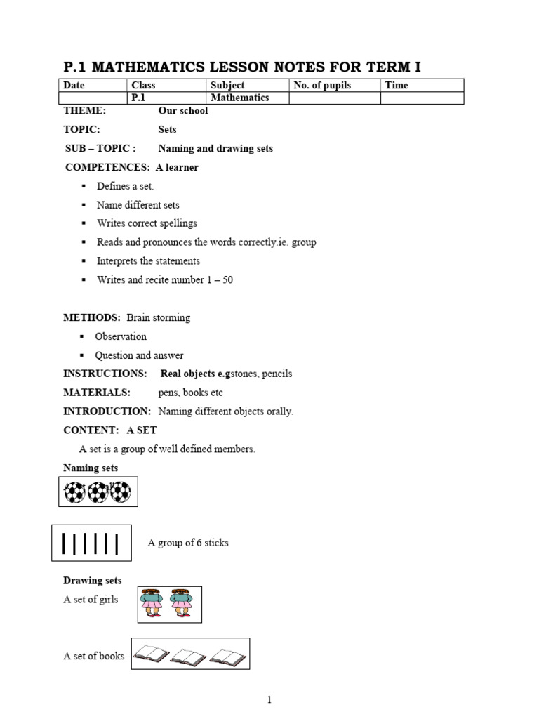 P.1 Term 1 Mathematics Lesson Notes | PDF | Subtraction | Numbers