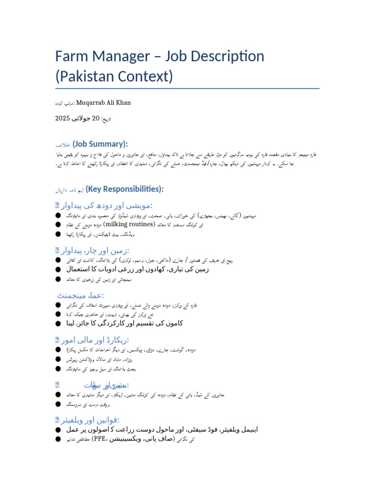 Farm Manager Job Description Pakistan Muqarrab 2025 | PDF
