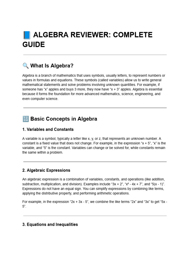 Comprehensive Algebra Reviewer Guide | PDF | Algebra | Inequality (Mathematics)