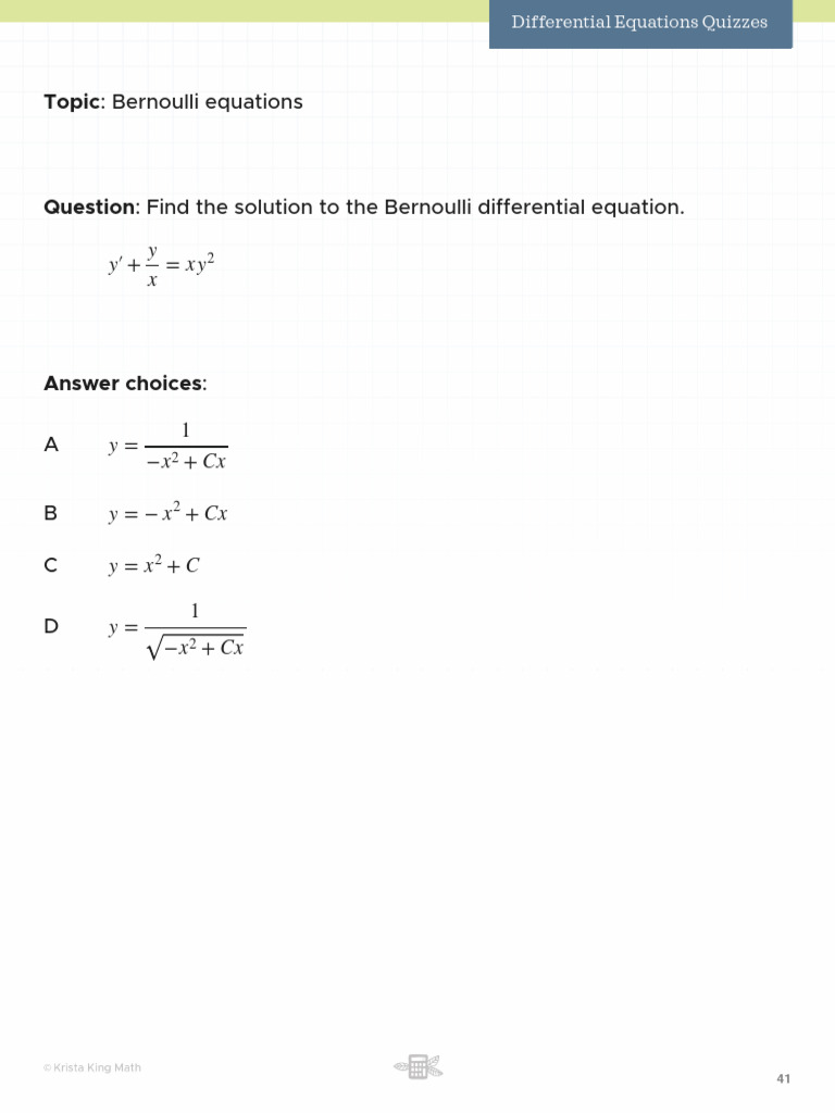 Bernoulli Differential Equations Quiz Solutions | PDF | Equations | Algebra