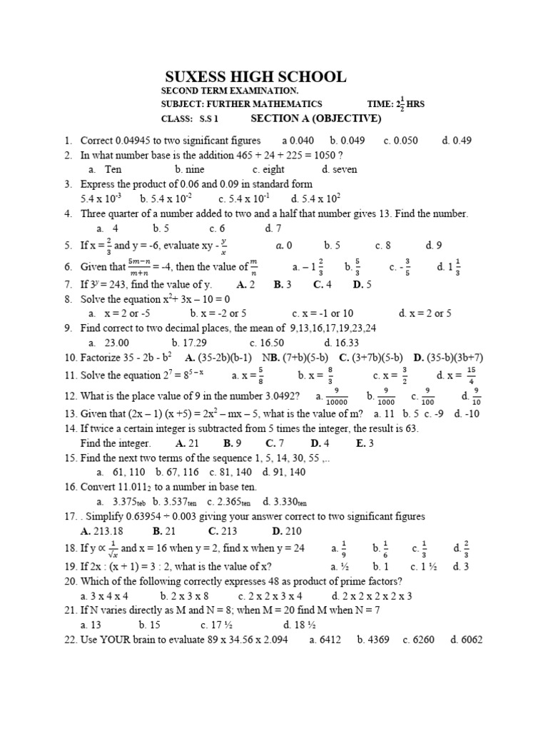 SS1 Further Mathematics Exam 2023 | PDF | Numbers | Mathematics