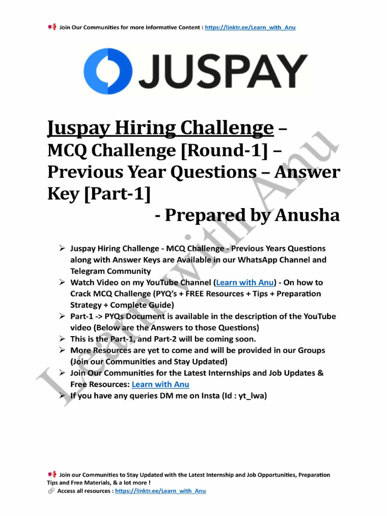 Juspay Hiring Challenge - MCQ Challenge - PYQ's - Answer Key - Part-1 | PDF