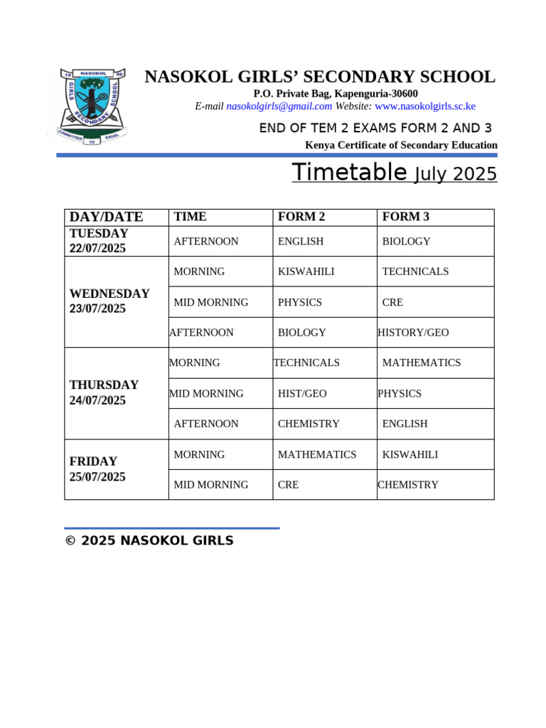 Form 3 Exam Timetable 2025 | PDF
