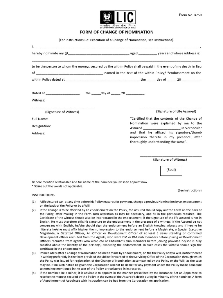 LIC Nominee Change Form 3750 Instructions | PDF | Justice | Crime ...