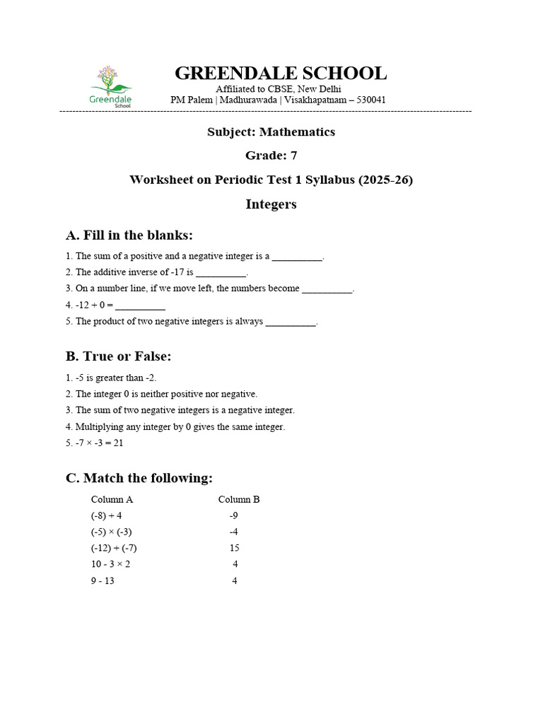 Grade 7 Integers Worksheet | PDF