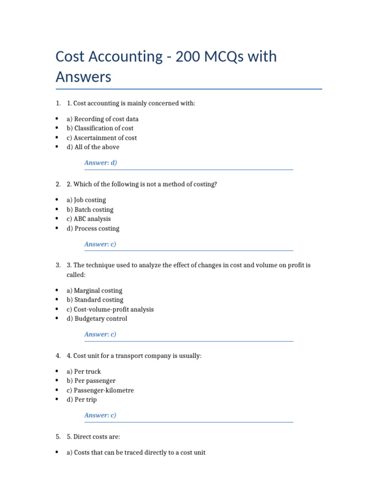 Cost Accounting MCQs with Answers | PDF | Cost Accounting | Business ...