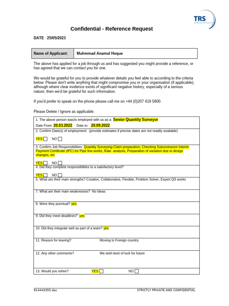 Reference Request for Senior QS Position | PDF