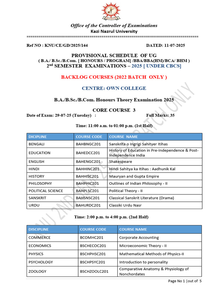 2025 Sem 2 Backlog Exam Timetable | PDF | Mathematics | Science