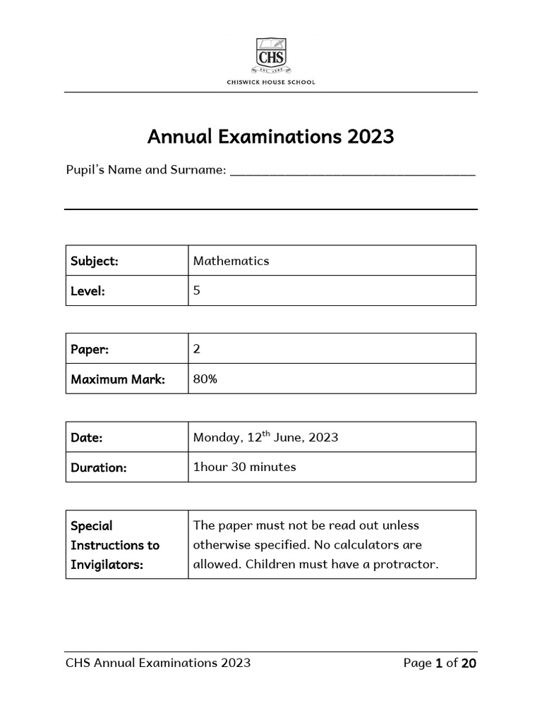 CHS 2023 Mathematics Exam Paper | PDF | Mathematics