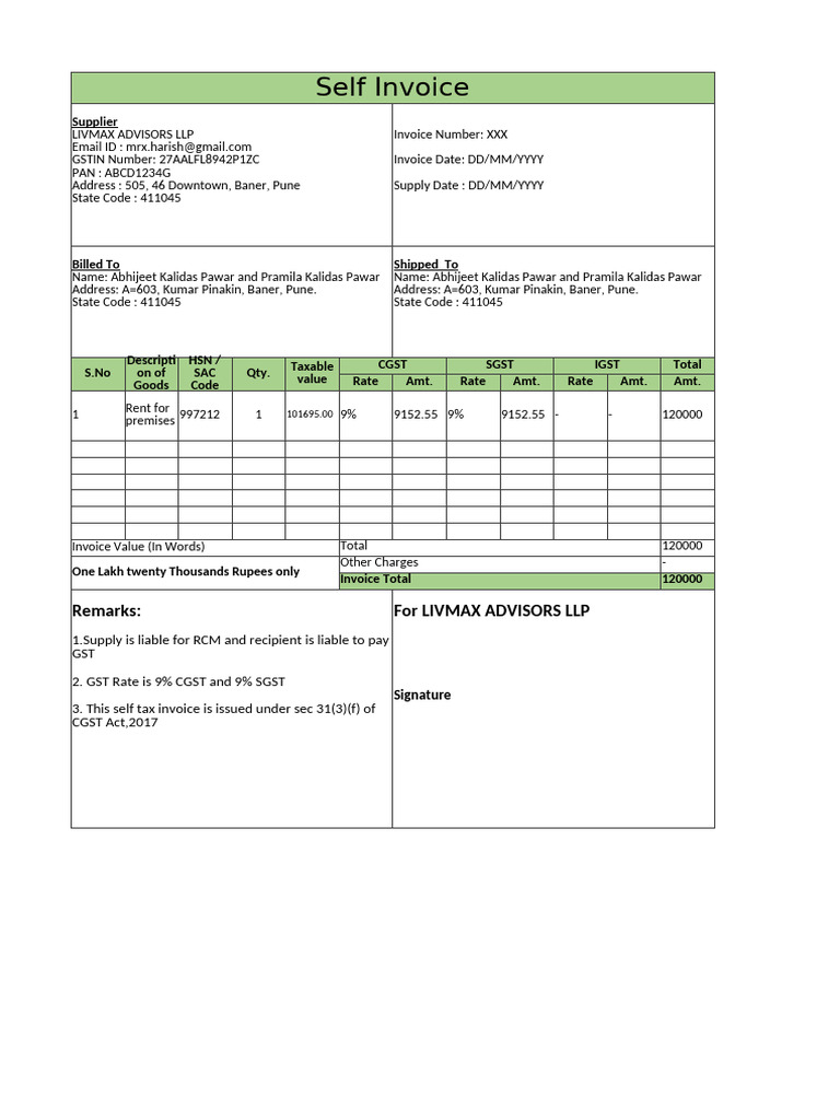 RCM Self Invoice Format for Rent | PDF