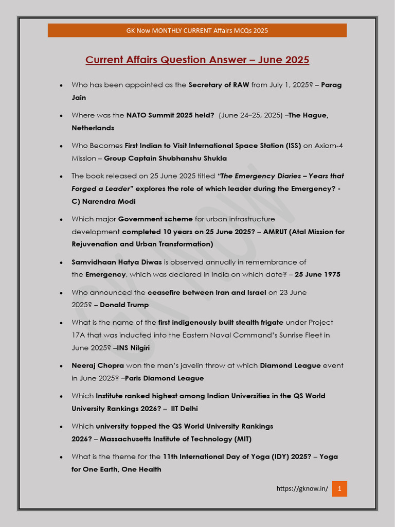 June 2025 Current Affairs MCQs | PDF | Space X