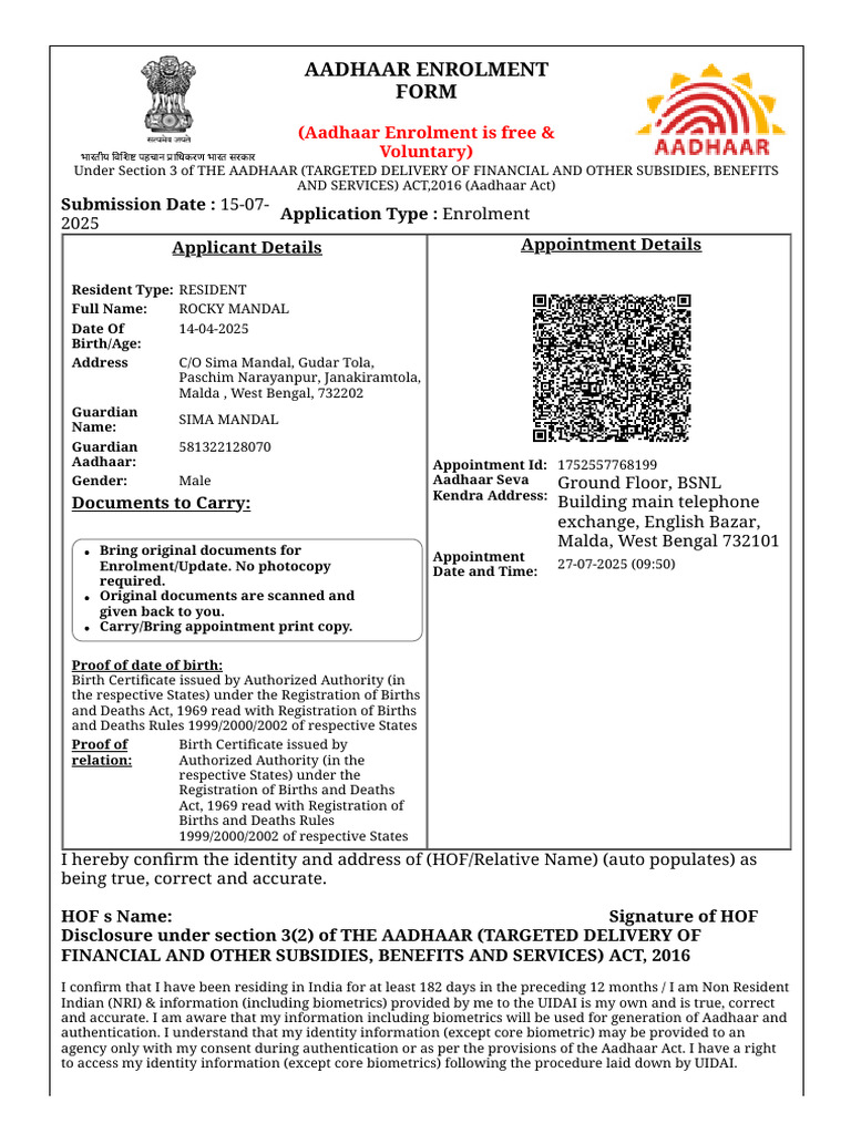 Aadhaar Enrolment Form for Residents | PDF | Security Technology ...