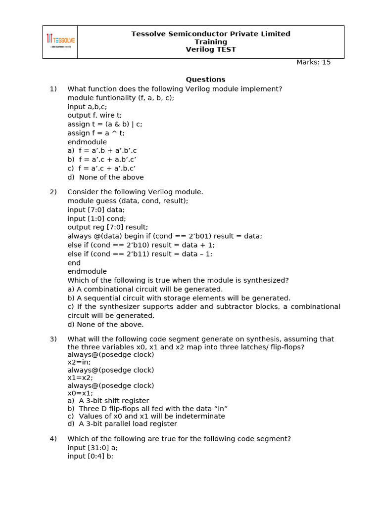 1.verilog Objective Test 1 | PDF | Computer Programming | Digital ...