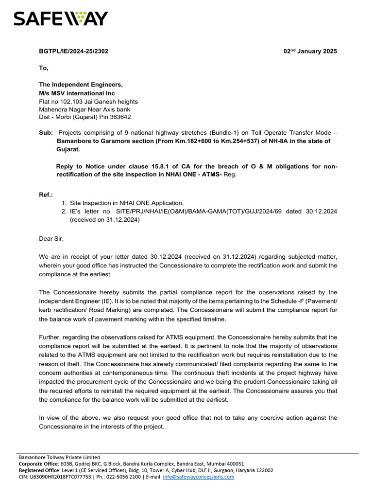 BGTPL-2302-02.01.25 Reply To Notice Under CL 15.8.1 of CA For The ...