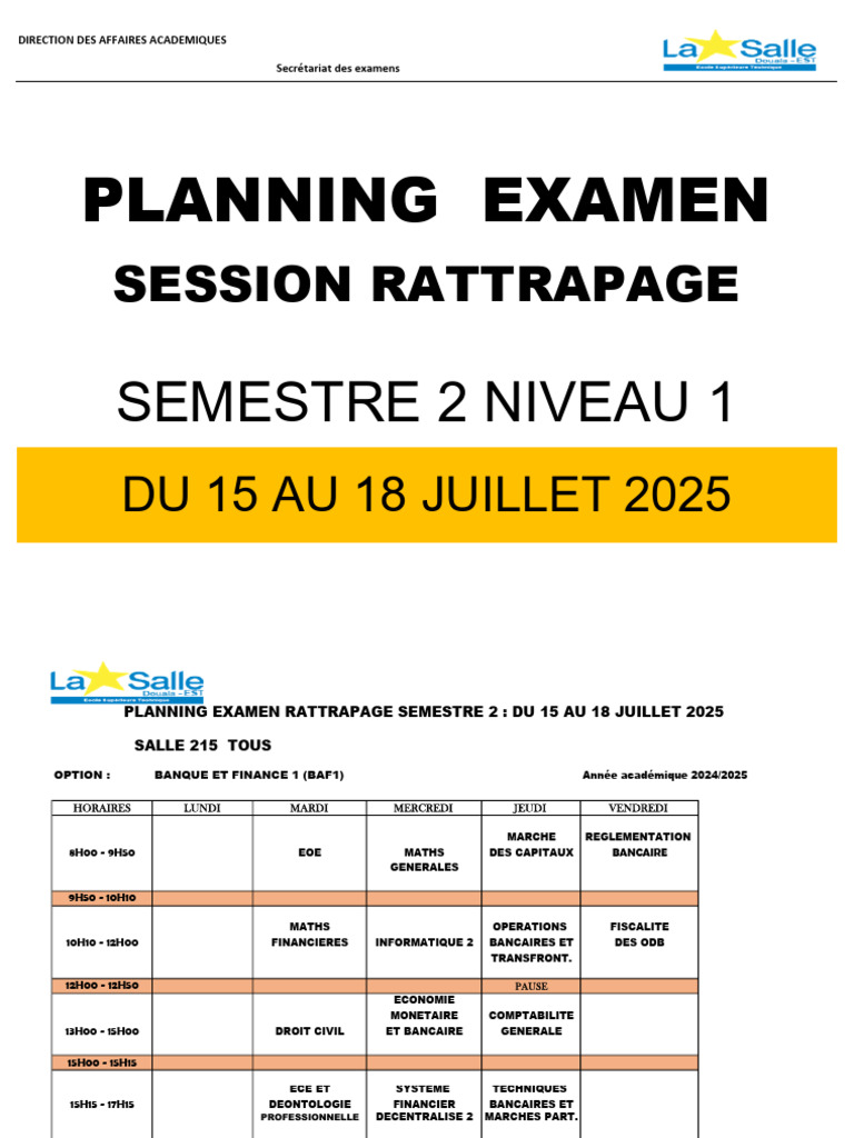 Planning Examens Rattrapage Semestre 2 | PDF | Électronique | Banques