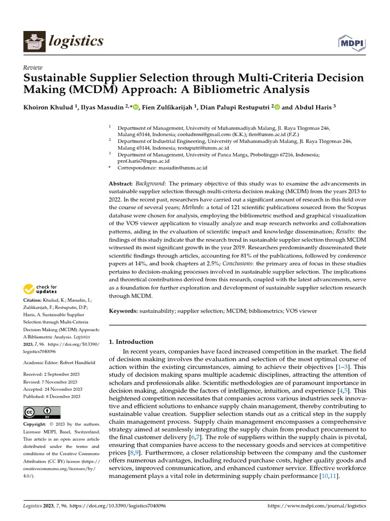 Sustainable Supplier Selection MCDM Review | PDF | Supply Chain ...