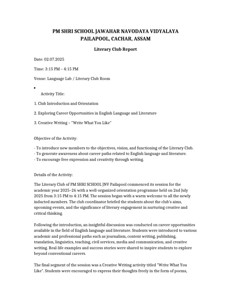 Literary Club Activities Report 2025 | PDF | Creative Writing | Cognition