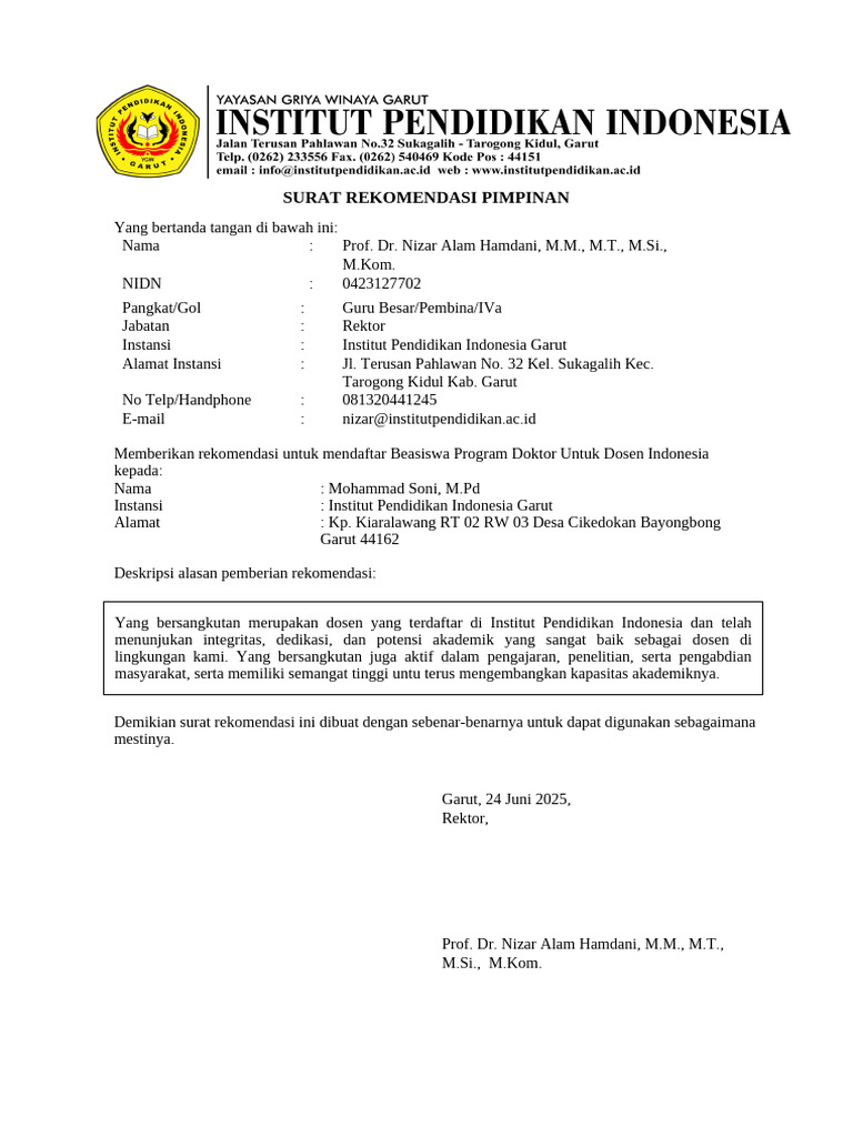 Surat Rekomendasi Pimpinan Mohammad Soni - 090035 | PDF