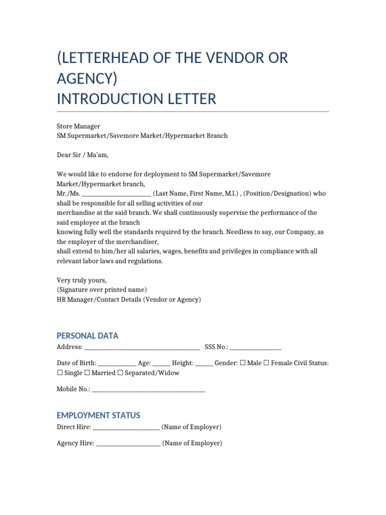 Vendor Introduction Letter for SM Markets | PDF | Employment | Business