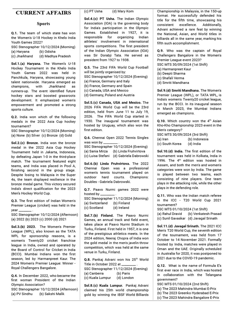 Current Affairs in Sports 2022-2023 | PDF | Sports | Cricket