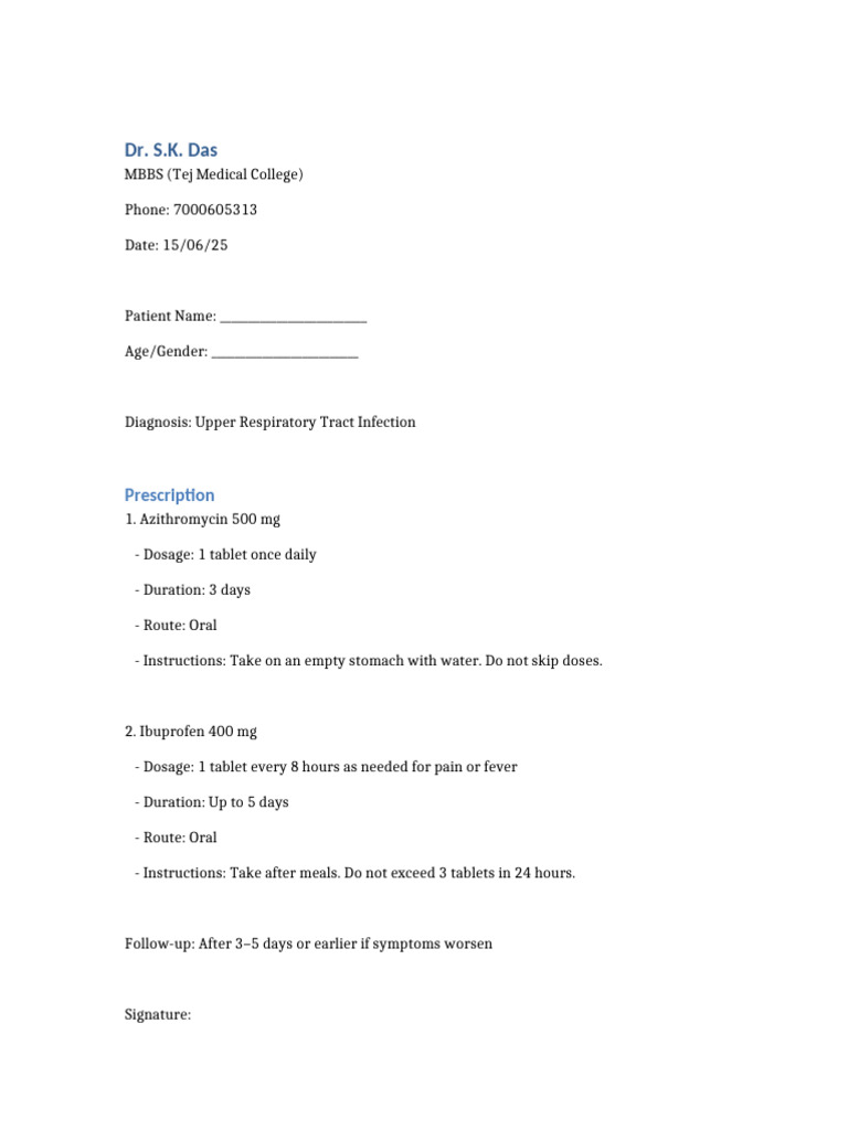 Upper Respiratory Infection Prescription | PDF