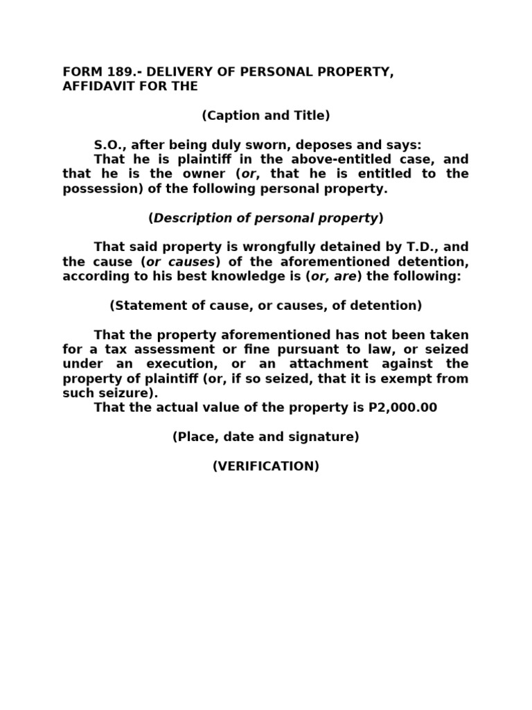Form 0189 Delivery of Personal Property, Affidavit For The | PDF