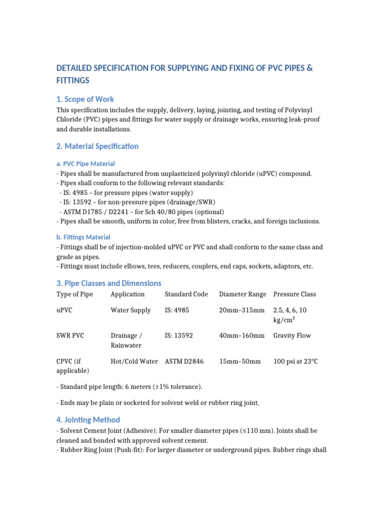 PVC Pipes and Fittings Specification | PDF | Pipe (Fluid Conveyance ...