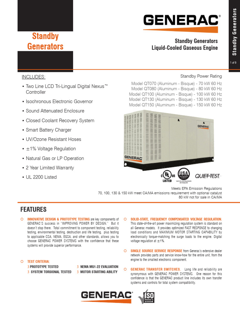 70 kW Generac Standby Generator Specs | PDF | Electric Generator | Engines