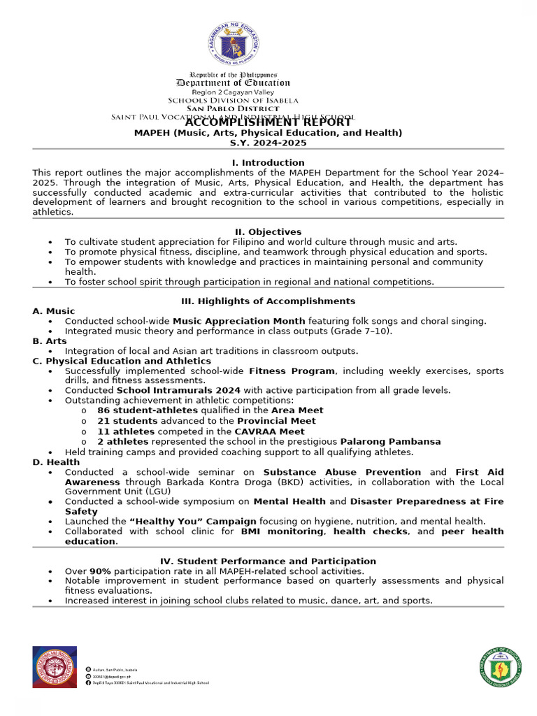 MAPEH Department Accomplishment Report 2024-2025 | PDF | Physical ...