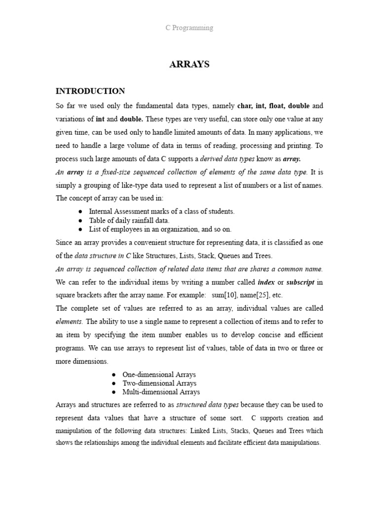 C Programming: Arrays Overview | PDF | Integer (Computer Science ...