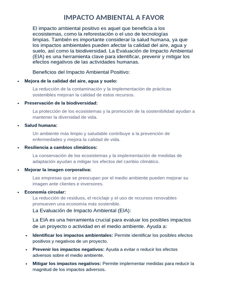 Impacto Ambiental Positivo y EIA | PDF | Sustentabilidad | Entorno natural