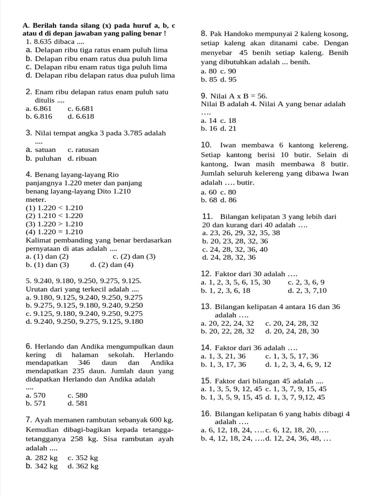 Soal Matematika Kelas 4 Bab 1 | PDF