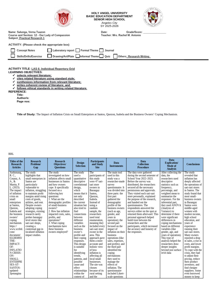 PR1 LAS 6 Individual Repertory Grid | PDF | Inflation | Data