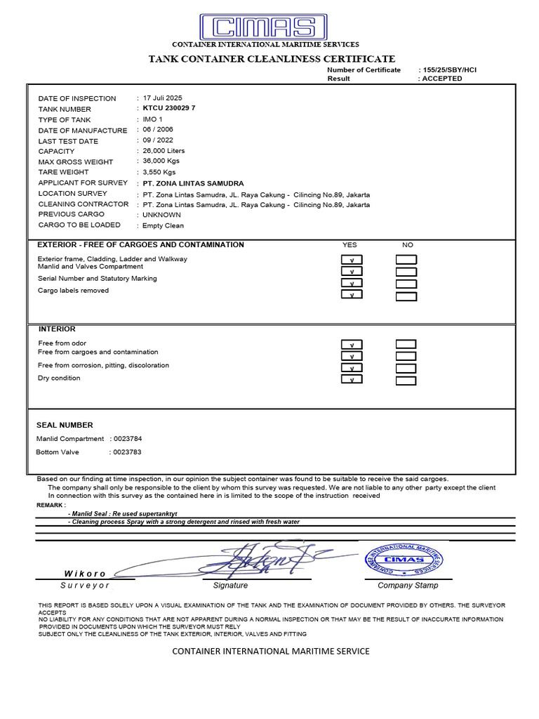 Tank Container Cleanliness Certificate | PDF