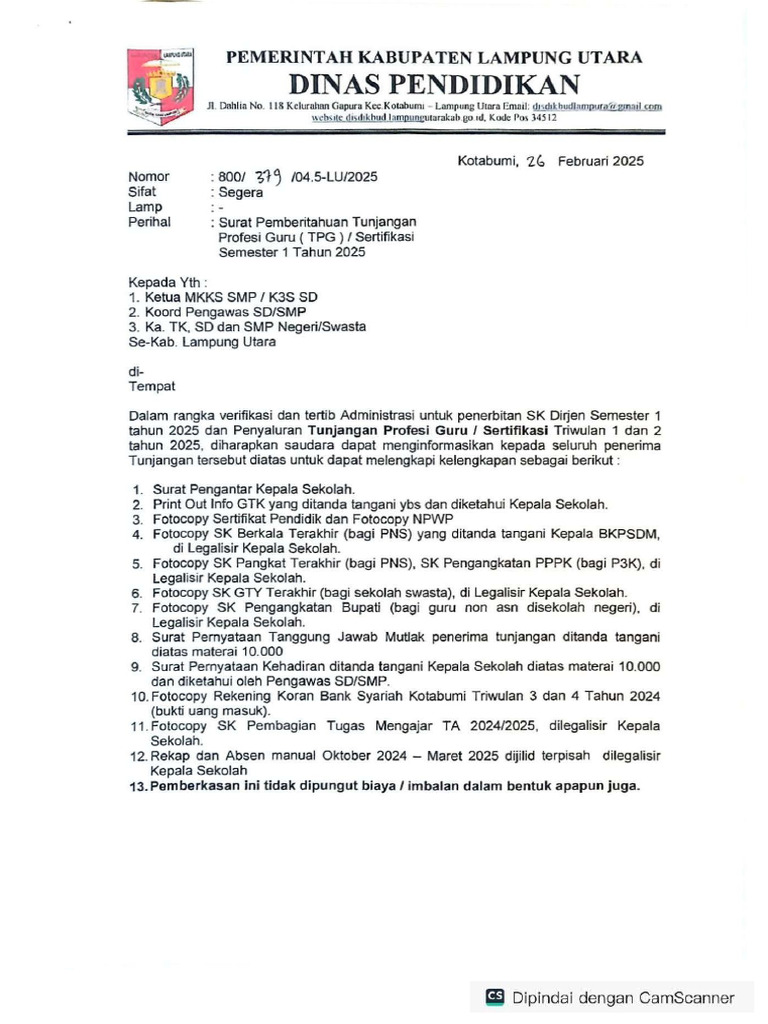Surat Edaran TPG 2025 | PDF