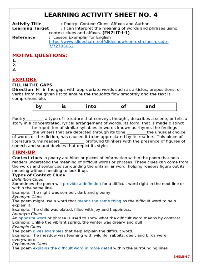 Learning Activity Sheet English 7 2024 2025 | PDF | Word | Poetry
