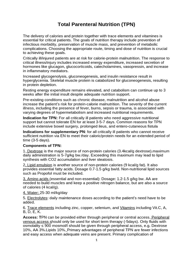 Total Parenteral Nutrition Overview | PDF | Intravenous Therapy ...