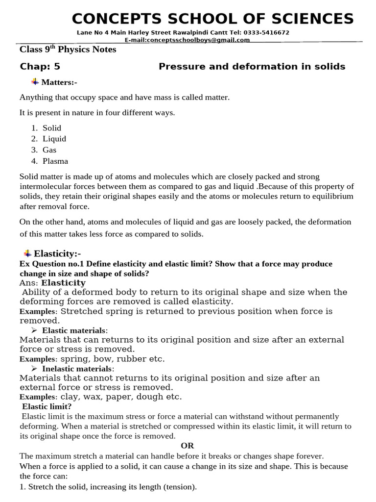 Class 9 Physics: Pressure & Elasticity Notes | PDF | Pressure ...