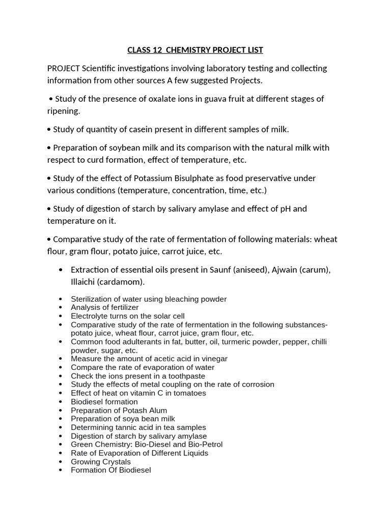 Class 12 Chemistry Project Ideas | PDF