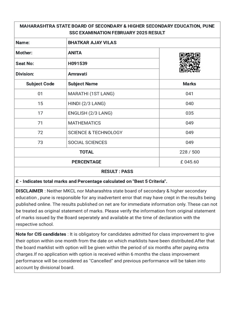 SSC Exam Result: Bhatkar Ajay Vilas | PDF