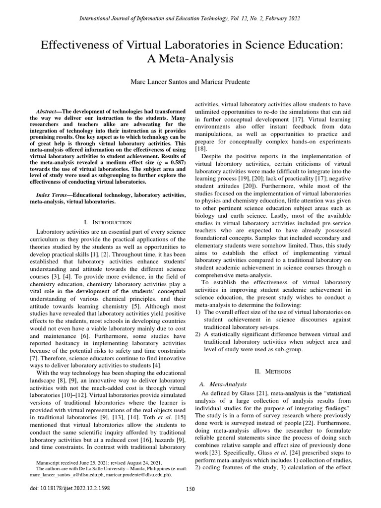Effectiveness of Virtual Laboratories in | PDF | Effect Size | Meta ...