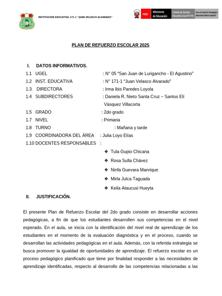 Plan de Refuerzo Escolar 2025 IE 171-1 | PDF | Evaluación | Aprendizaje
