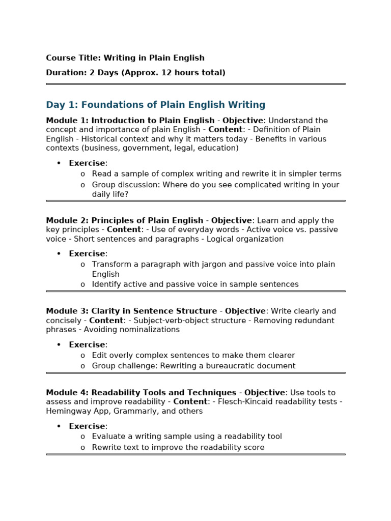 Plain English Writing Course Overview | PDF | Writing | Linguistics