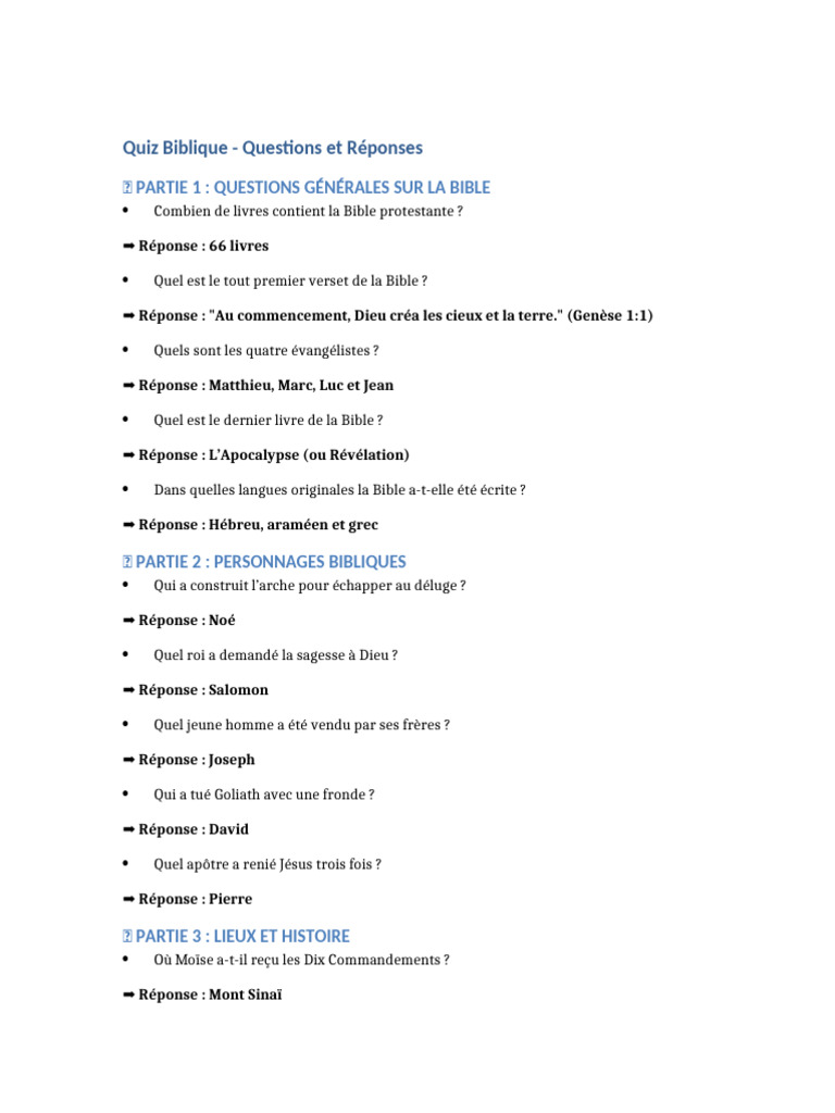 Quiz Biblique : Questions et Réponses | PDF