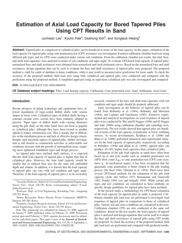 Estimation of Axial Load Capacity For Bored Tapered Piles Using CPT ...
