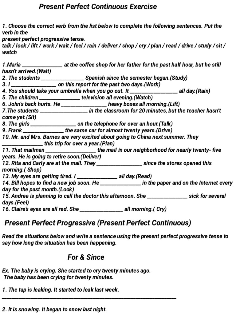 Present Perfect Continuous Exercises | PDF